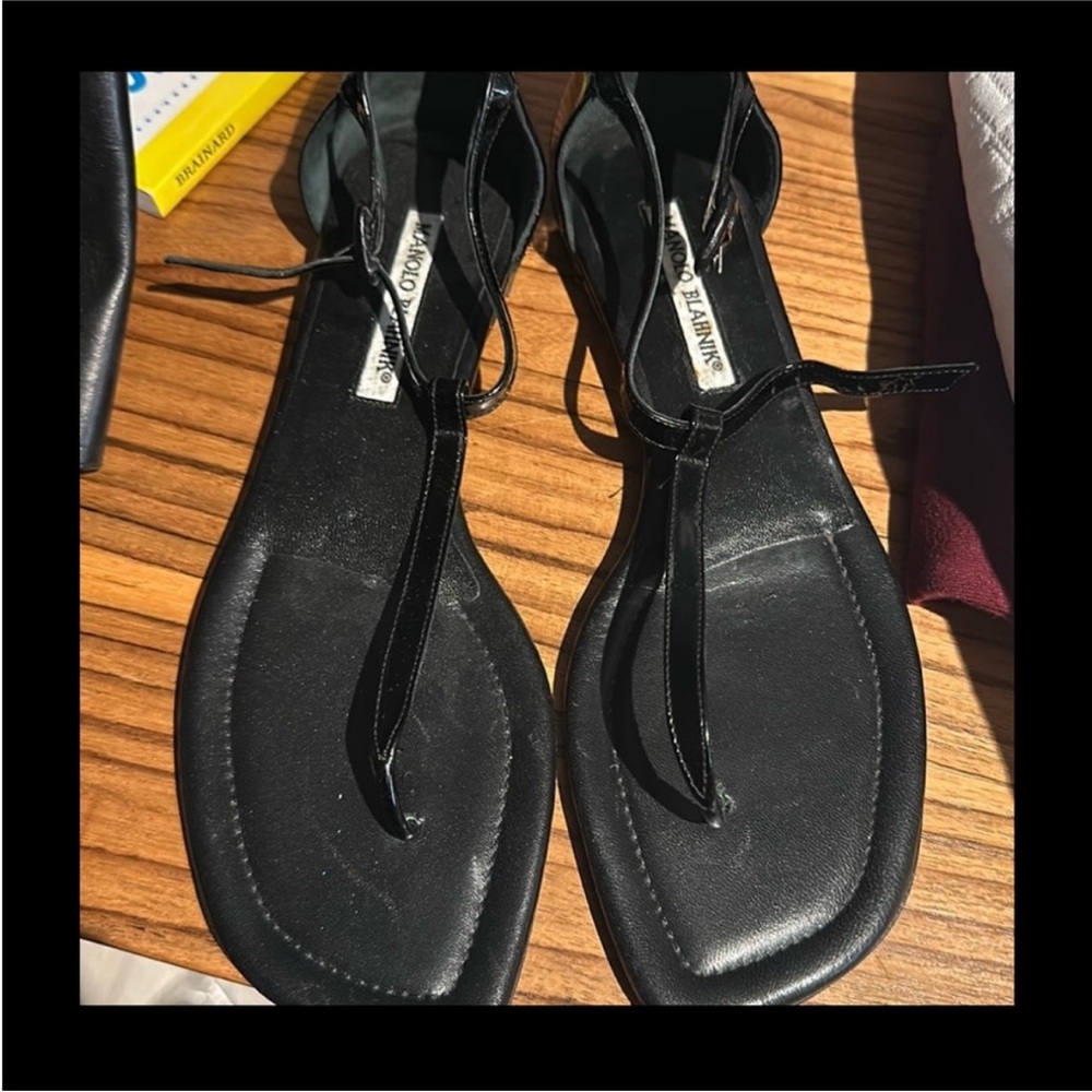 Manolo Blahnik Black Leather T-Strap Flat Sandals